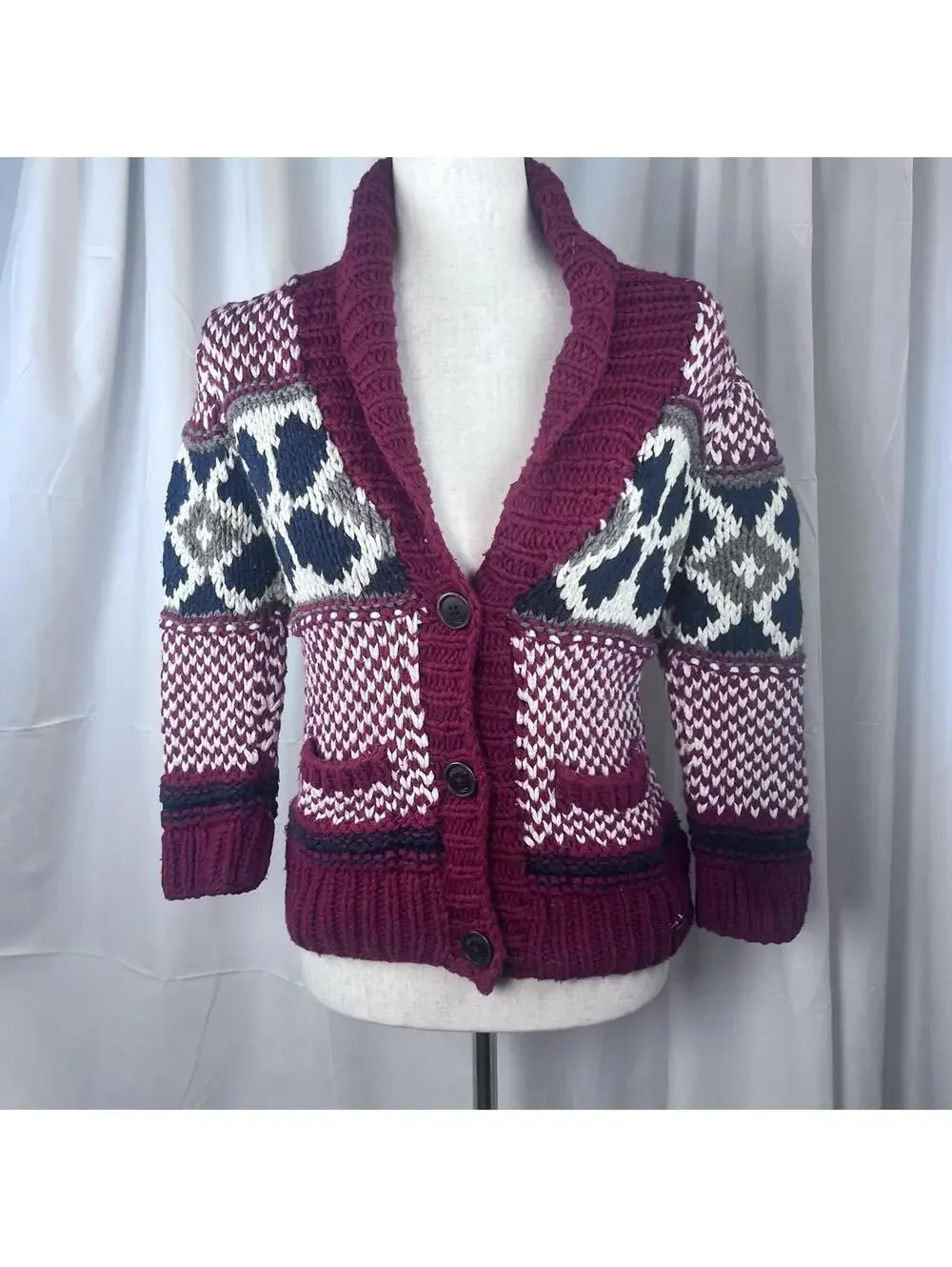 Hollister Cardigan Sweater Chunky Knit Wool Blend Fair Isle Sz M Vintage Y2K